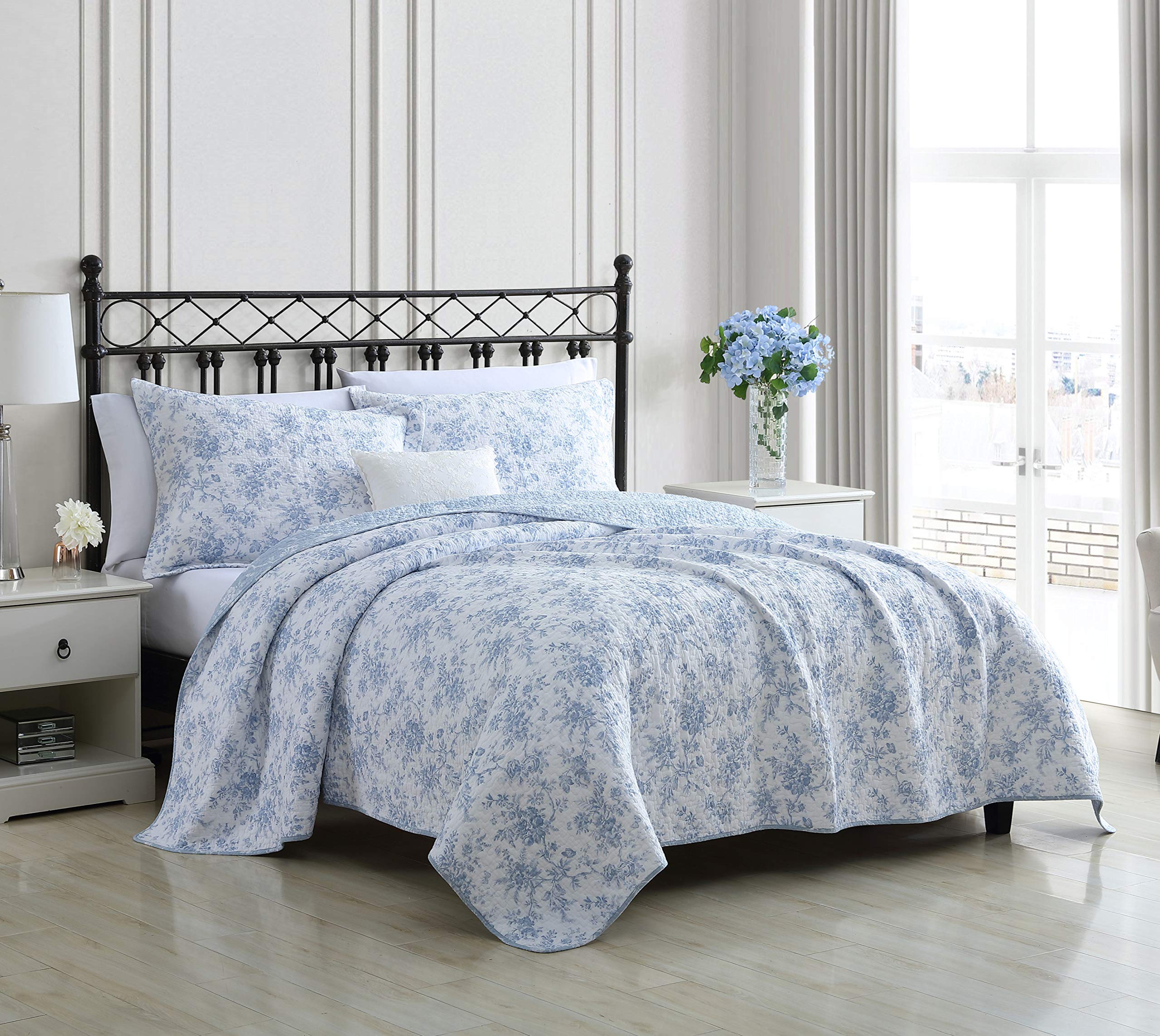 Laura Ashley Walled Garden Blue quilt set closeup showing floral print for a refined bedroom