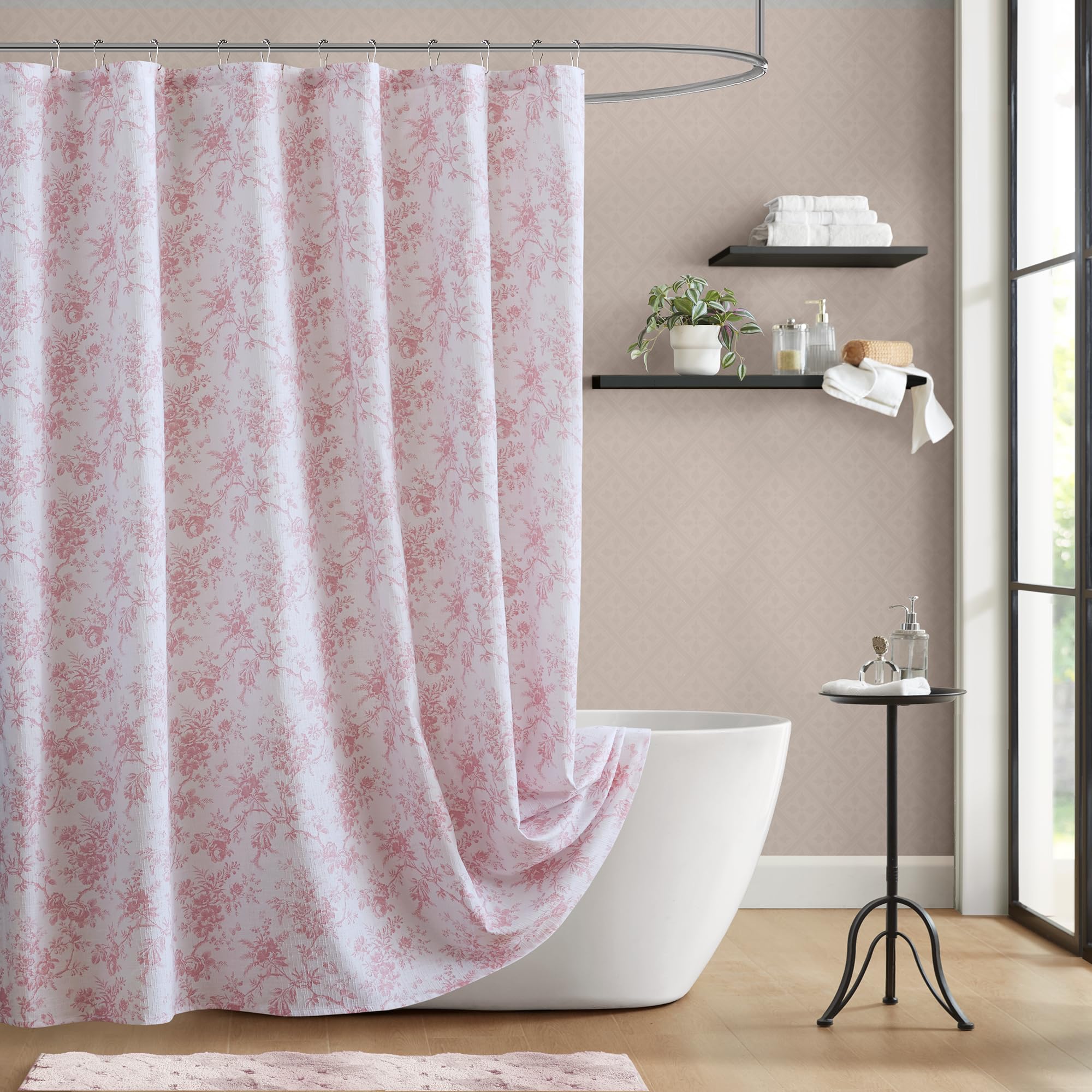 Laura Ashley Walled Garden curtain textured slub fabric adds tactile depth to your bathroom.