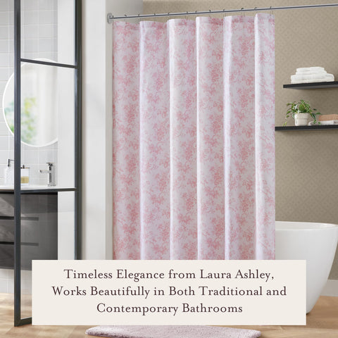 Laura Ashley Walled Garden curtain tonal floral print creates serene backdrop in any bath.