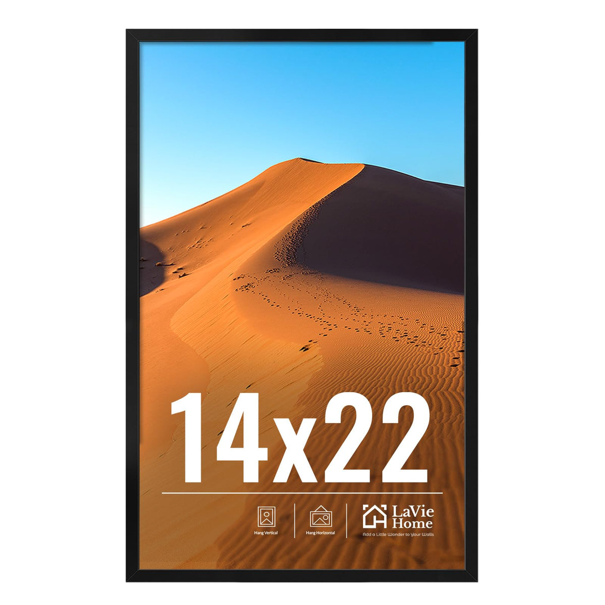 LaVie Home 14x22 picture frame on wall display, easy to hang vertically or horizontally.