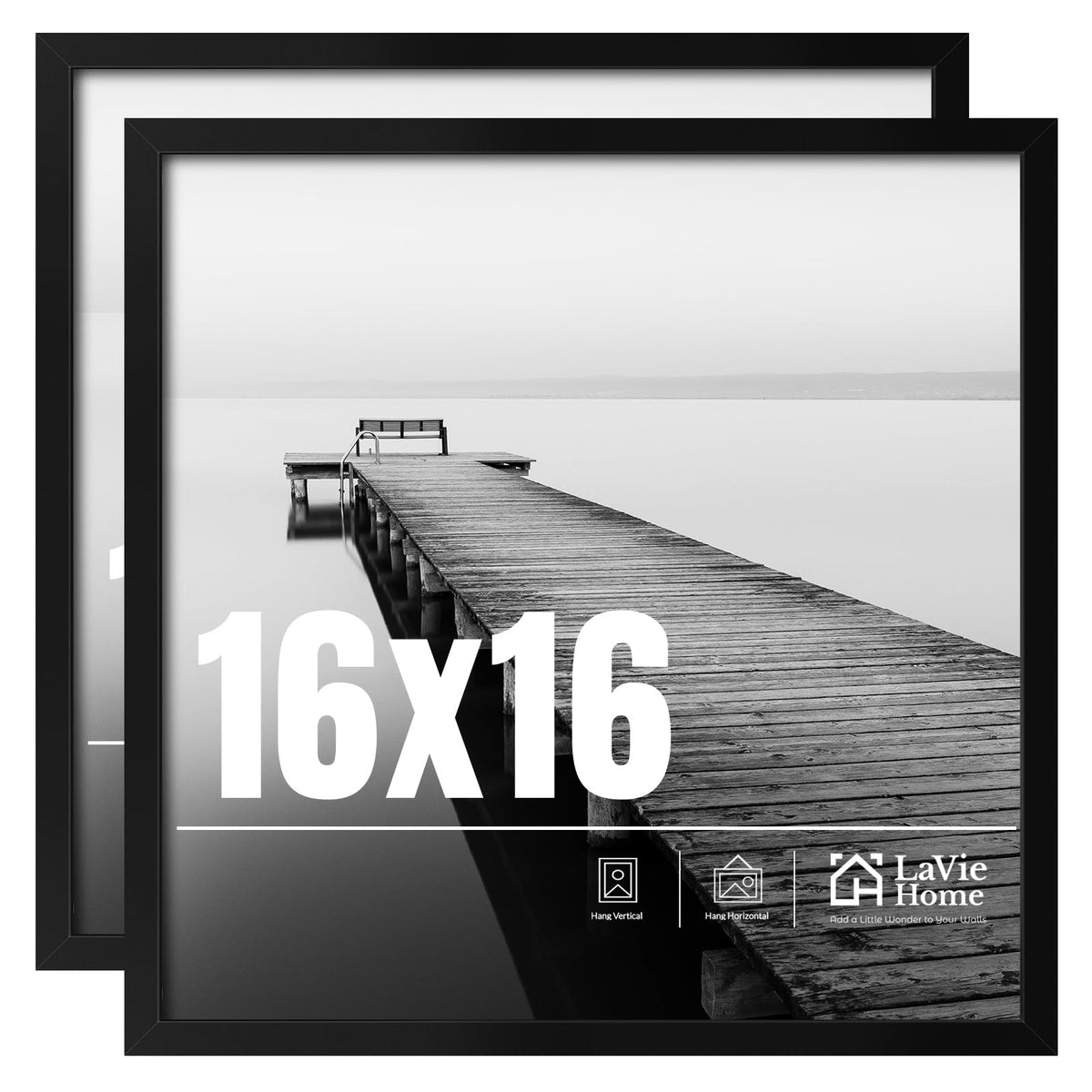 LaVie Home 16x16 frame front view in black with HD plexiglass for safe display.
