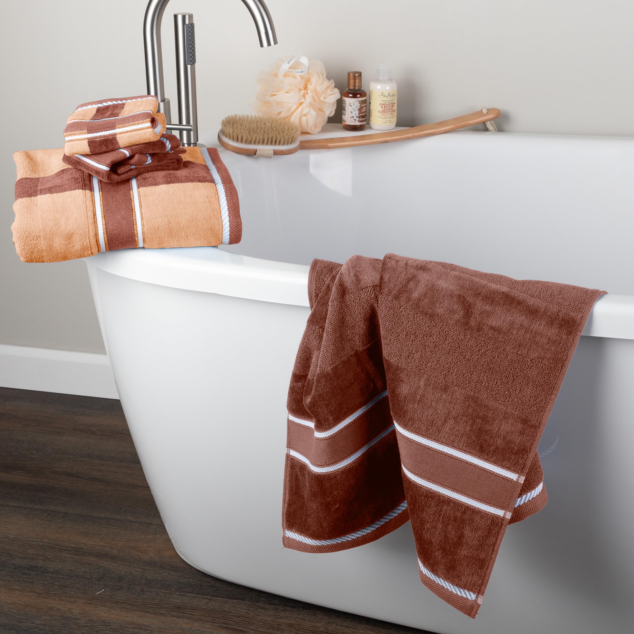 Lavish Home 6pc beige towel set in a dorm bathroom scene