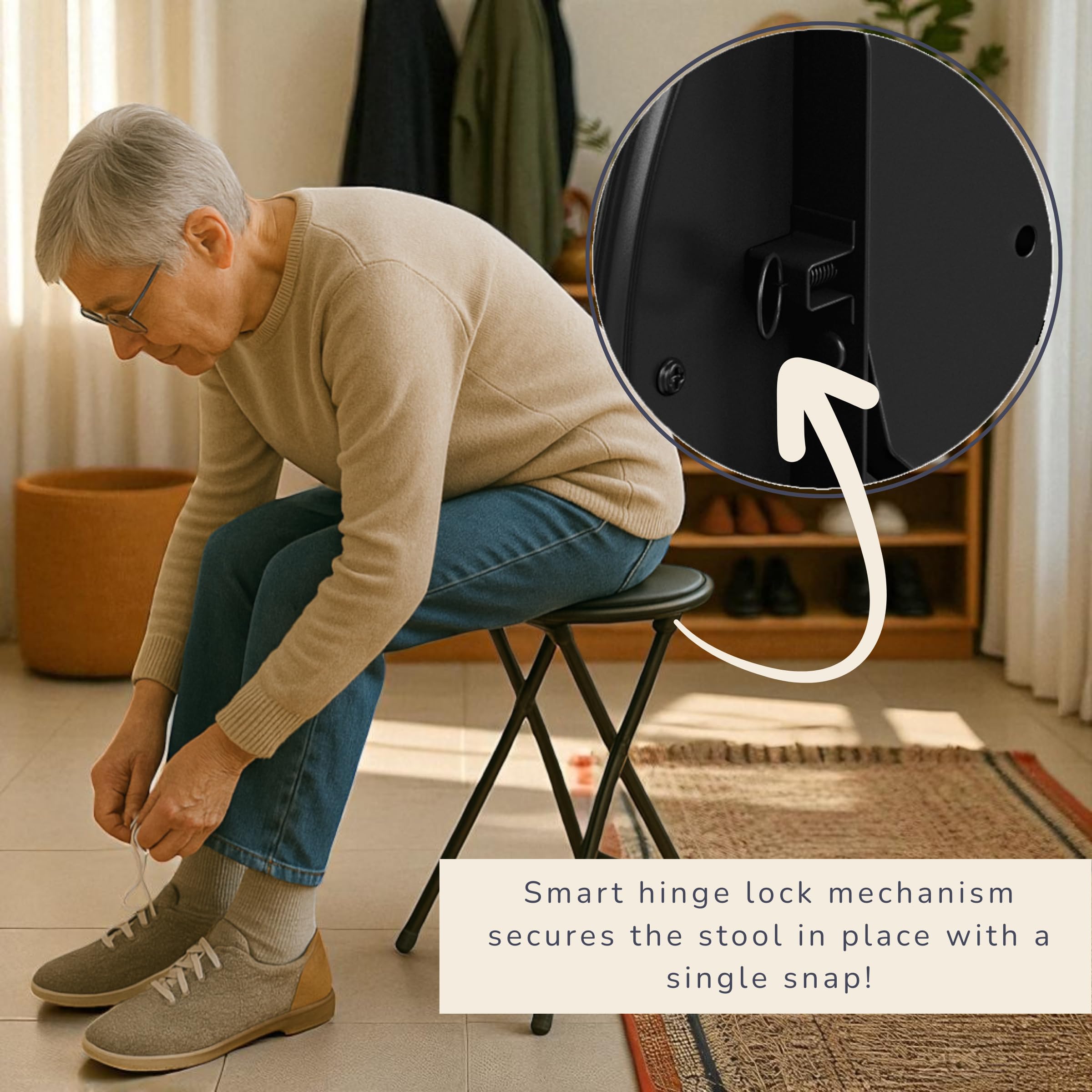 Lavish Home spring-action lock keeps the stool open during use.
