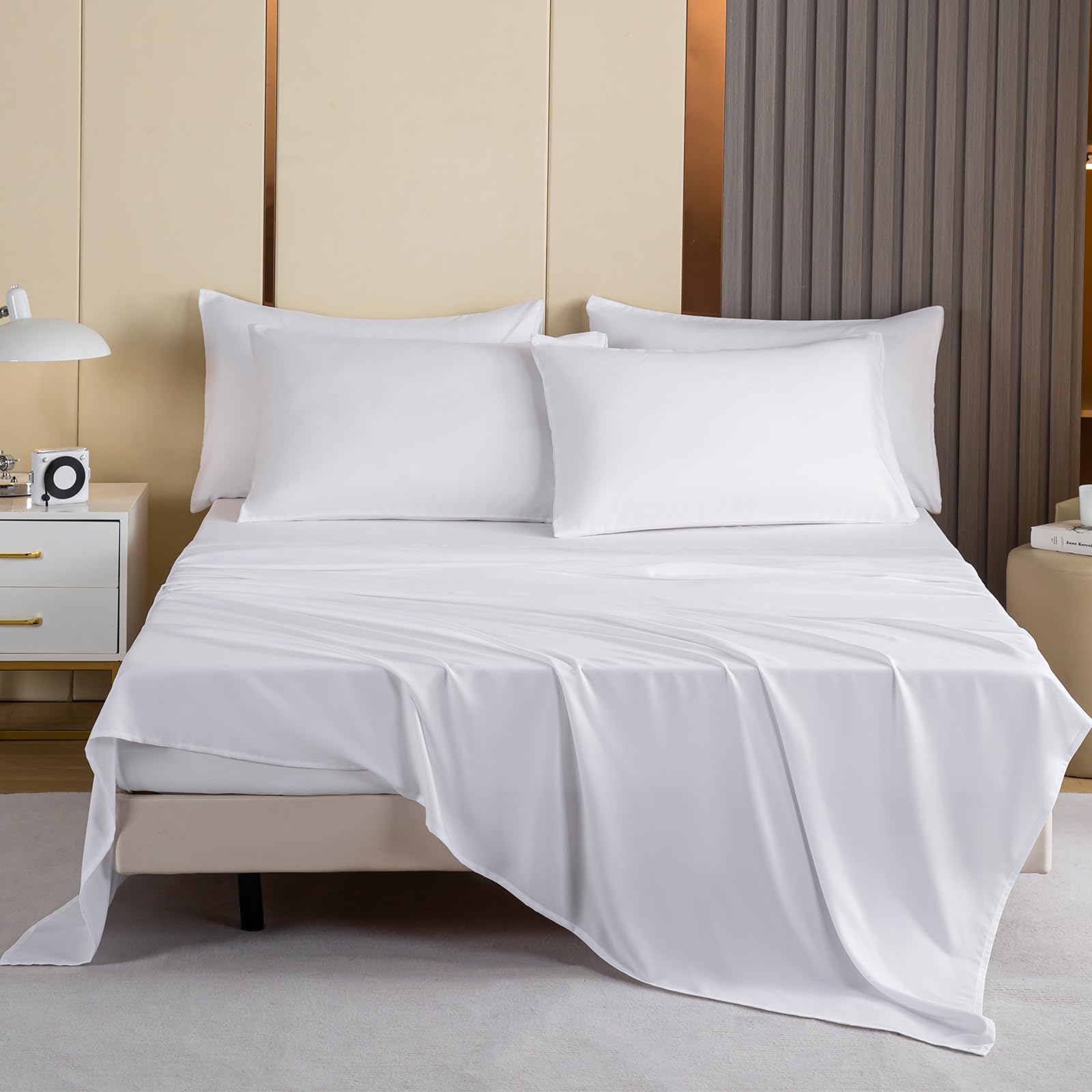 Lavisun flat sheet on bed in white demonstrates full coverage for twin mattresses.