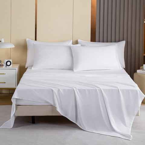 Lavisun flat sheet on bed in white demonstrates full coverage for twin mattresses.