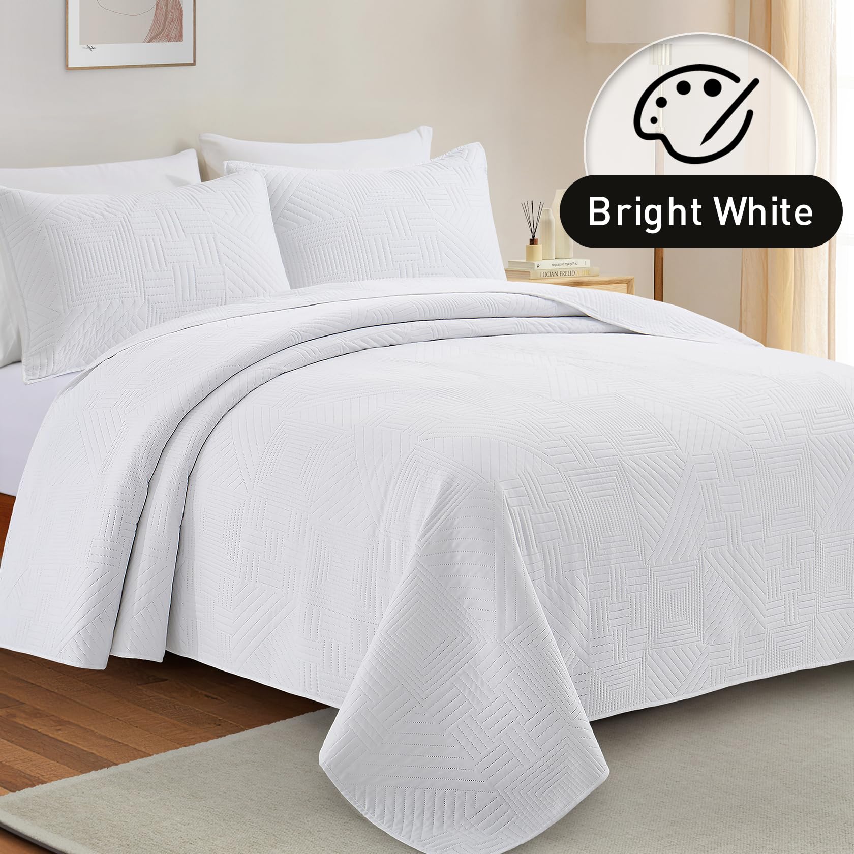 Lavsiry white quilt full/queen bed draped shows soft microfiber and breathable comfort.