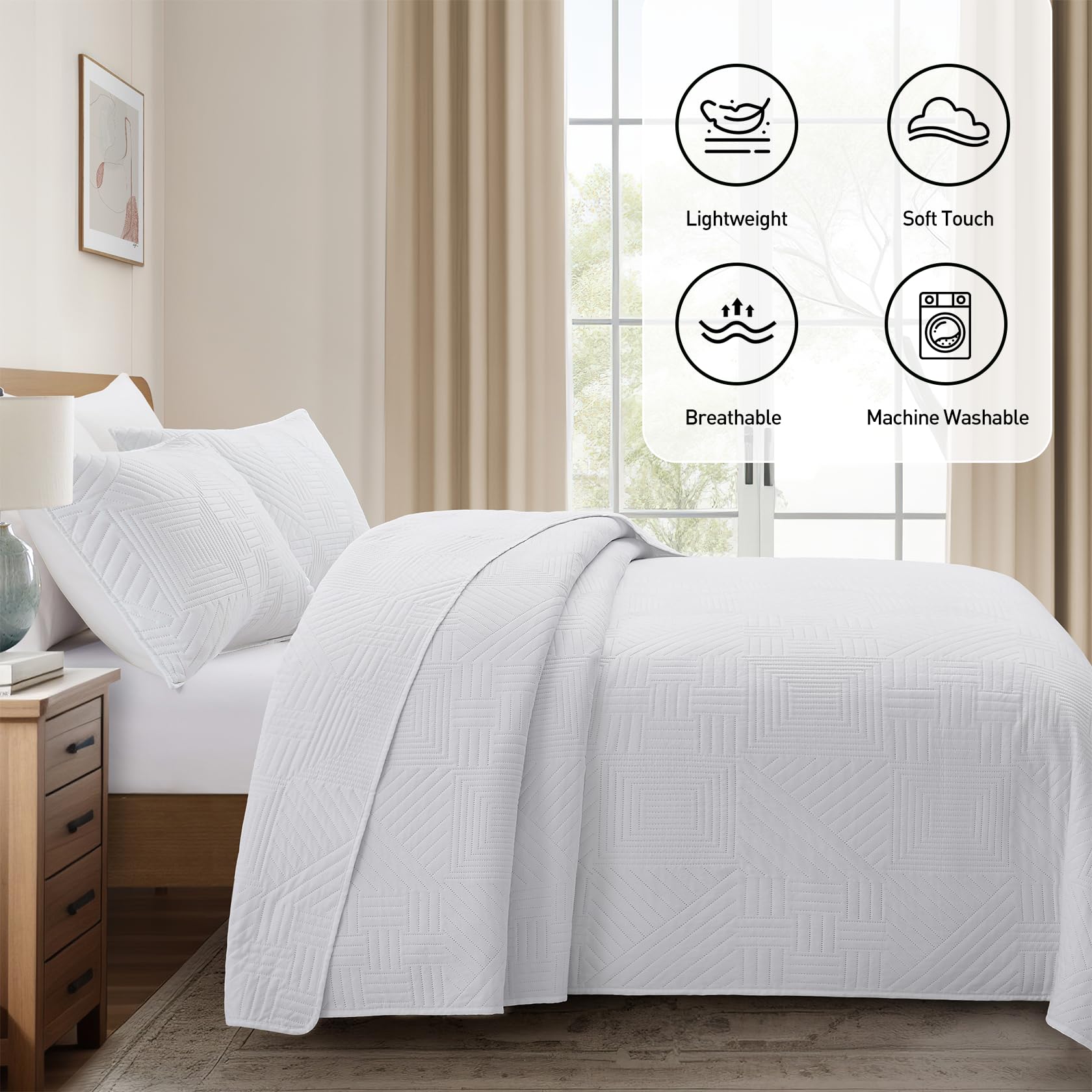 Lavsiry white quilt full/queen pillow shams close-up highlights coordinated styling.