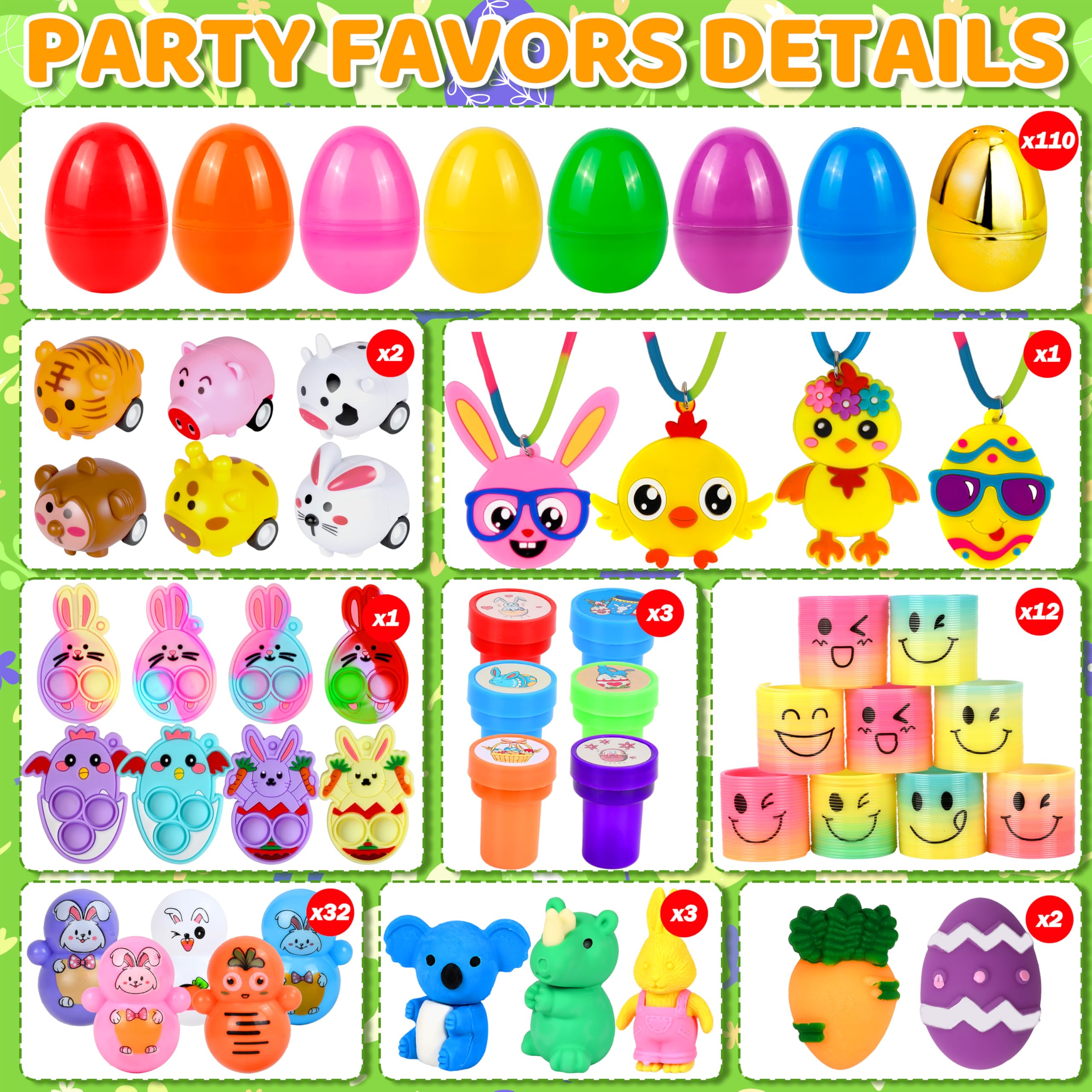 Lavwix colorful eggs open to reveal mini toys and stickers.
