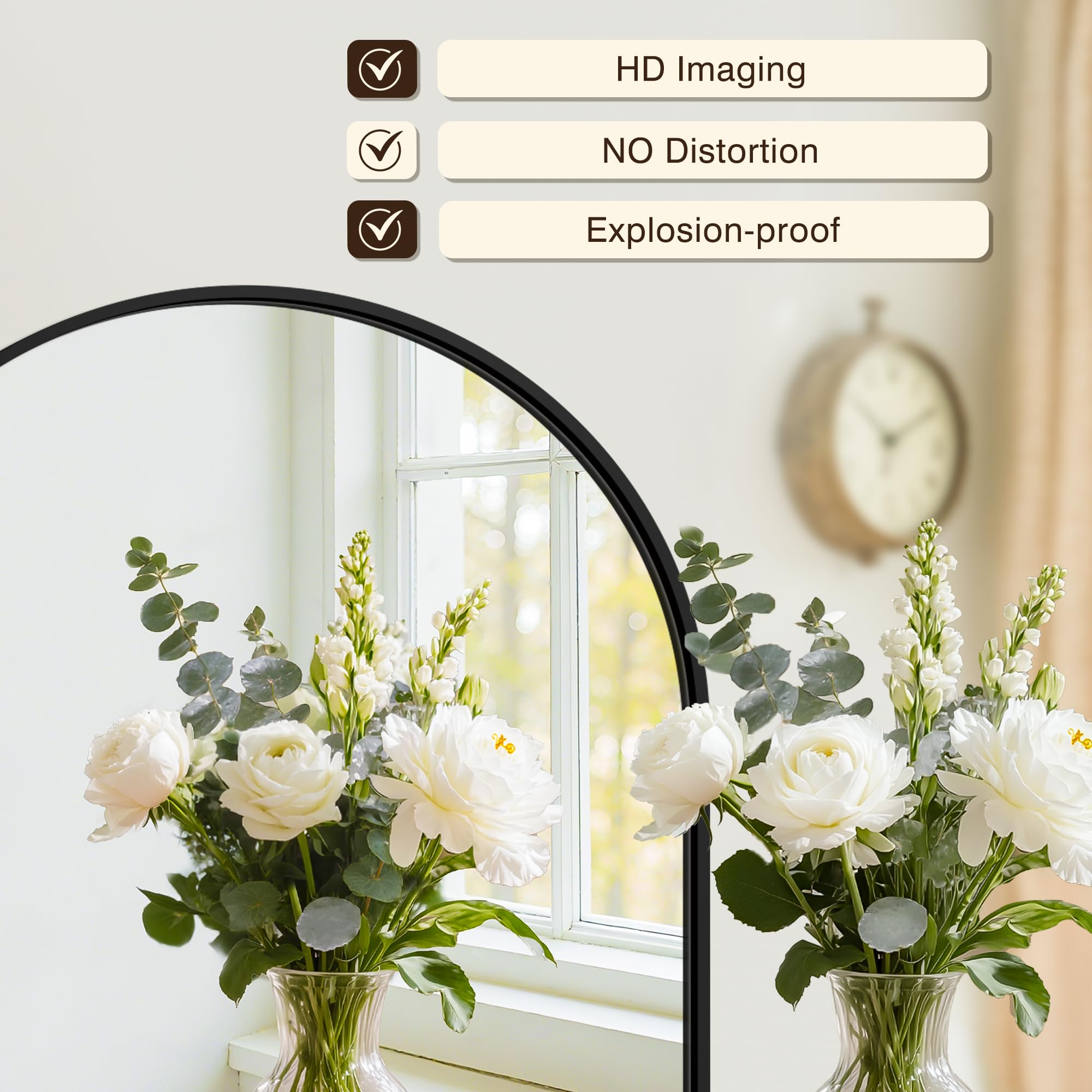 LAWADA arch mirror over sink provides clear HD reflections for grooming.