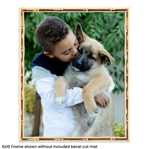 Lawrence Frames bamboo design metal frame in gold, 5x7 mat option for compact photos.