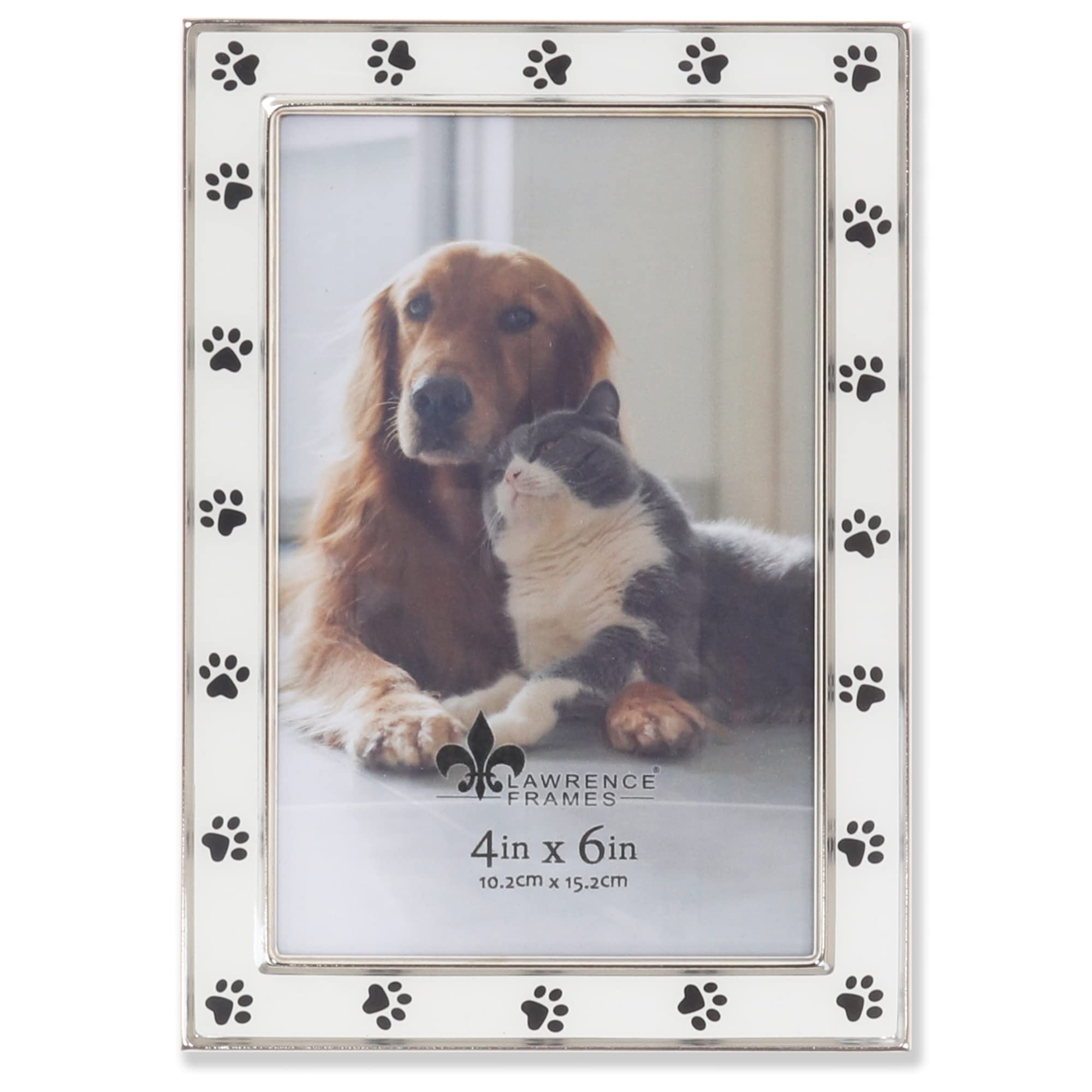 Lawrence Frames paw print frame front view with silver metal and white enamel, ideal for pet memories