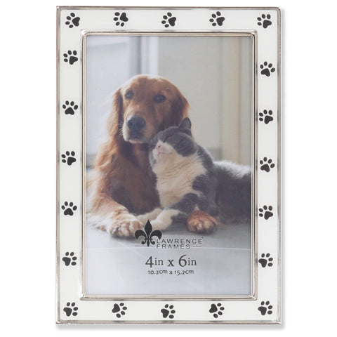 Lawrence Frames paw print frame front view with silver metal and white enamel, ideal for pet memories
