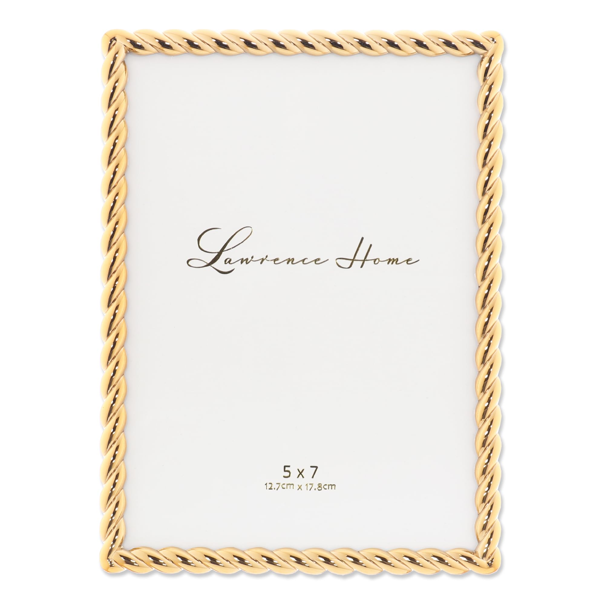Lawrence Frames rope design metal frame holds a 5x7 photo with gold finish for tabletop display.