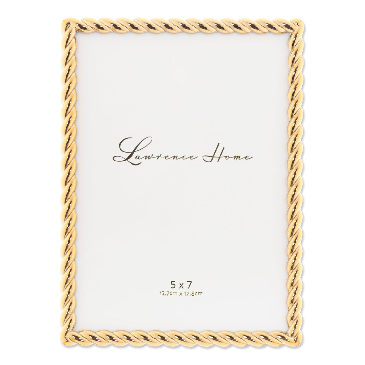 Lawrence Frames rope design metal frame holds a 5x7 photo with gold finish for tabletop display.