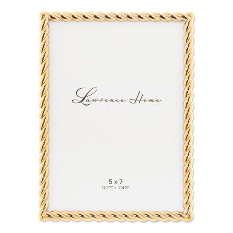 Lawrence Frames rope design metal frame holds a 5x7 photo with gold finish for tabletop display.