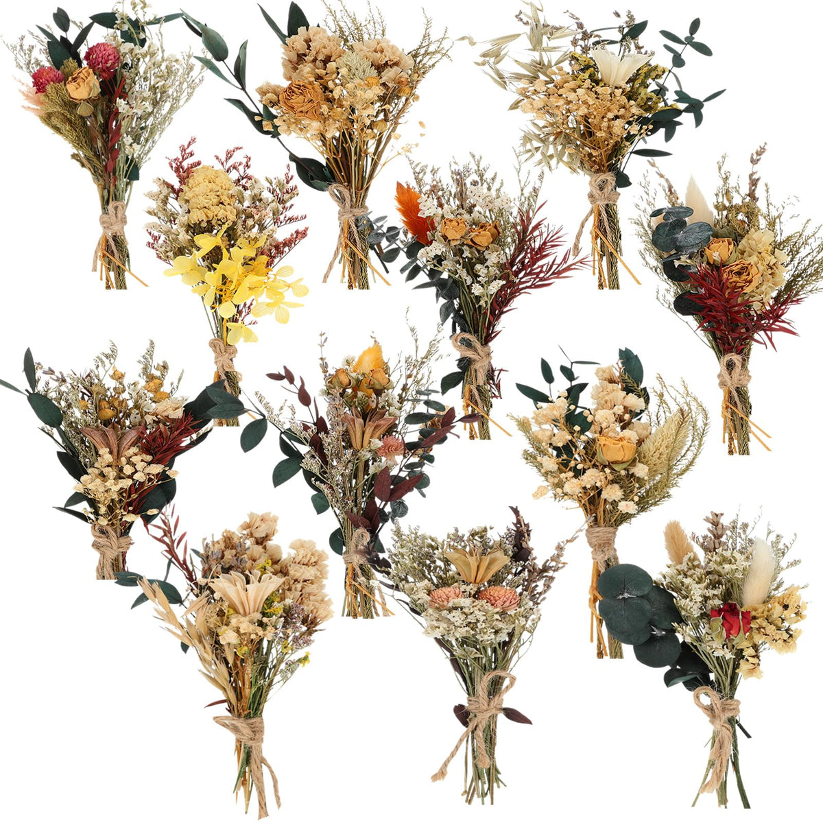 Layhit 12-piece boho dried flower bouquets arranged for vibrant wedding and home decor.