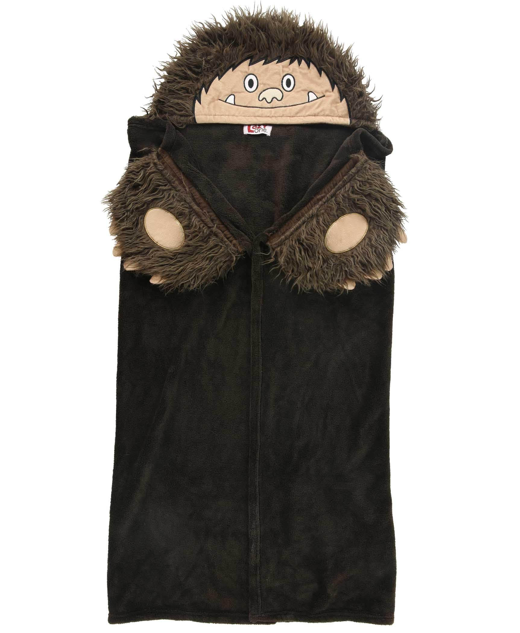 Child wearing the Lazy One Bigfoot hood with paw pockets for playtime.