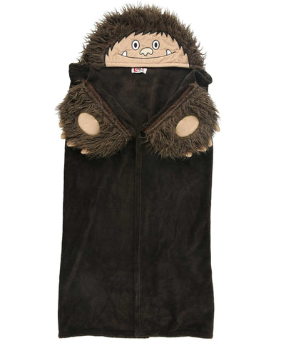 Child wearing the Lazy One Bigfoot hood with paw pockets for playtime.