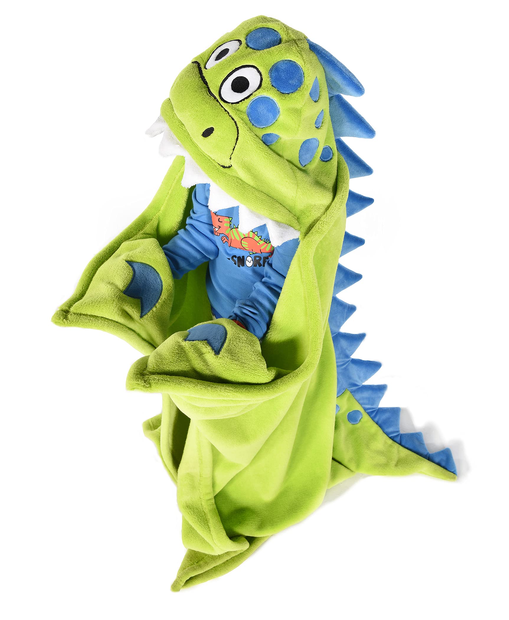 Lazy One dinosaur hooded blanket with embroidered face for cozy, imaginative play.
