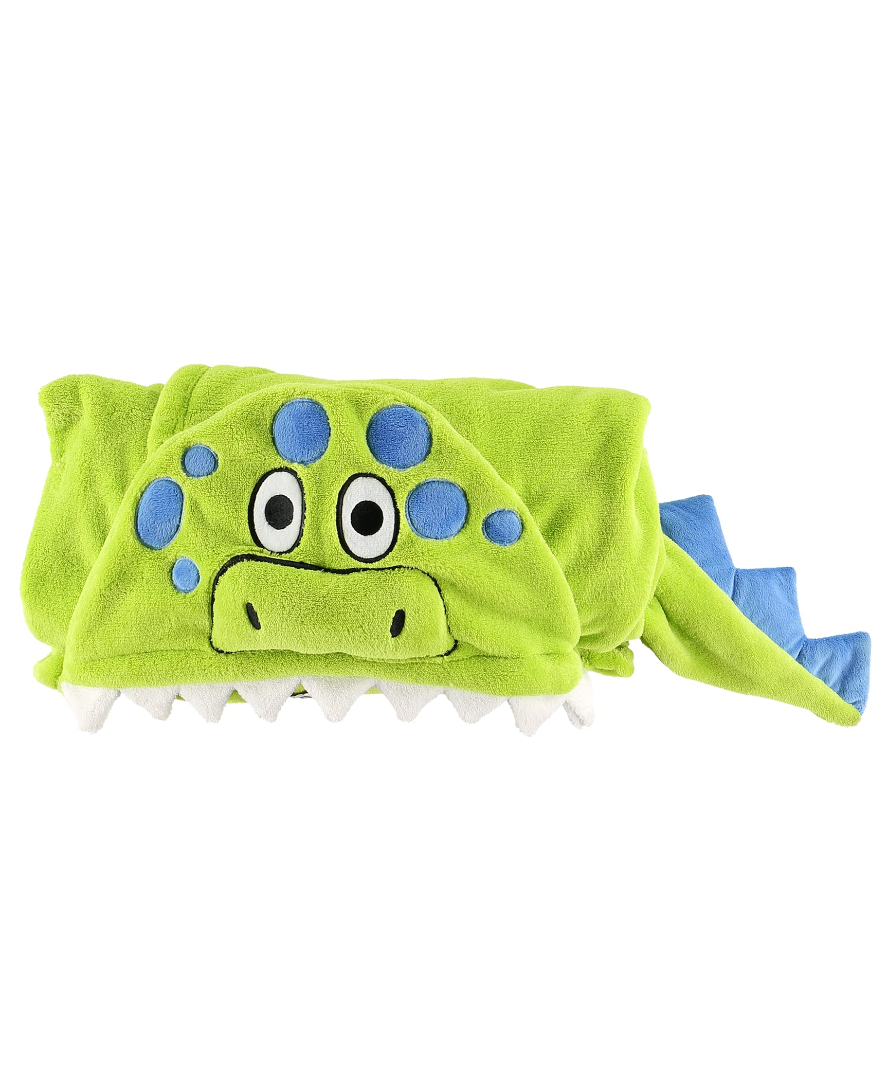 Lazy One dinosaur hooded blanket showing paw pockets for easy snuggling.