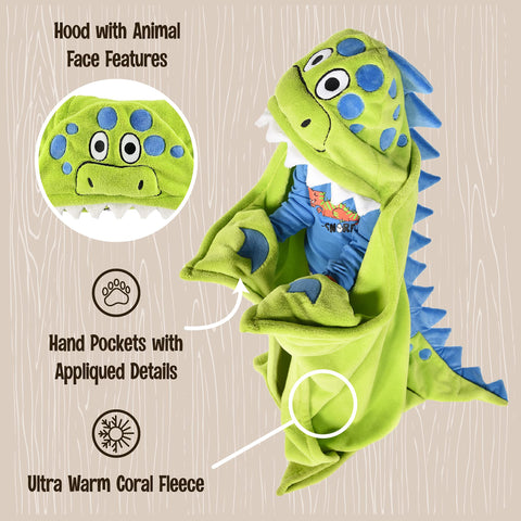 Lazy One 50 by 45 inch dinosaur blanket laid flat for generous coverage.