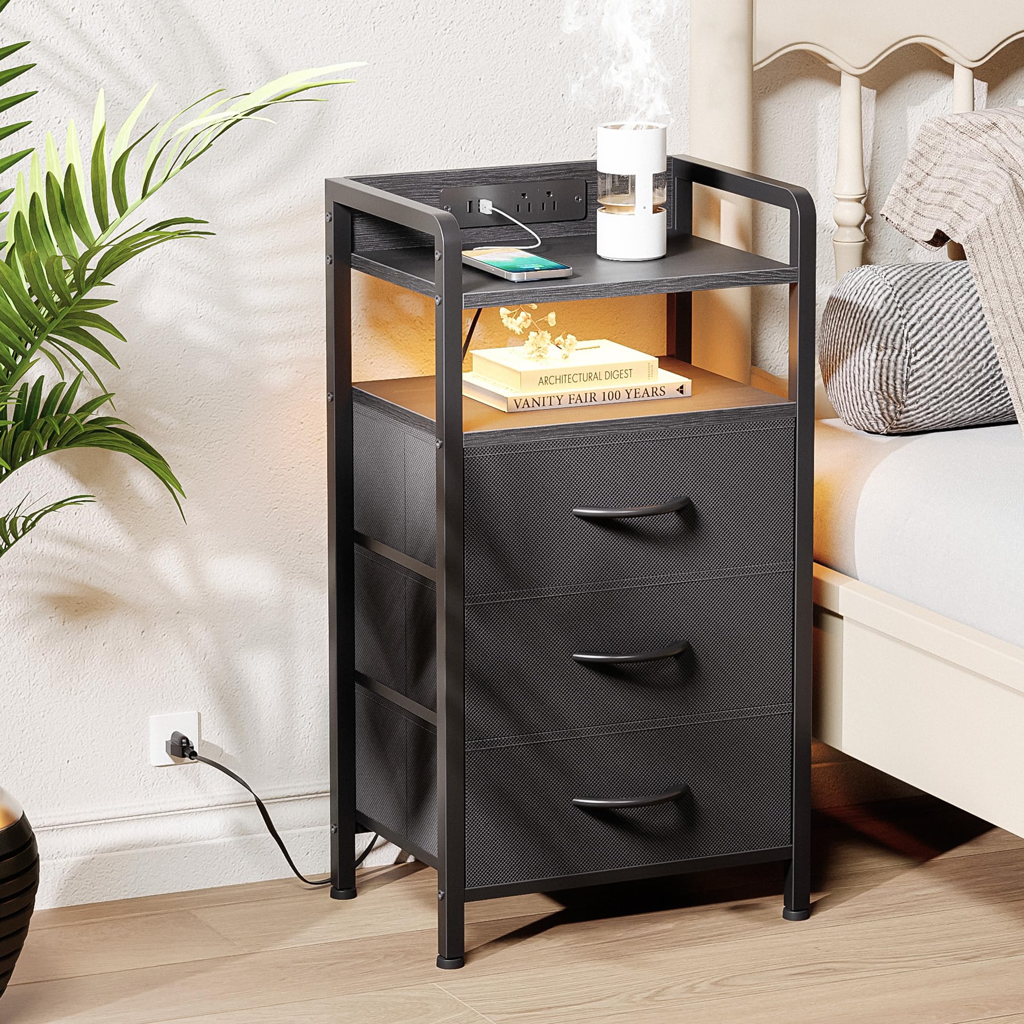 Lazzanto night stand USB charging station keeps devices powered and accessible.