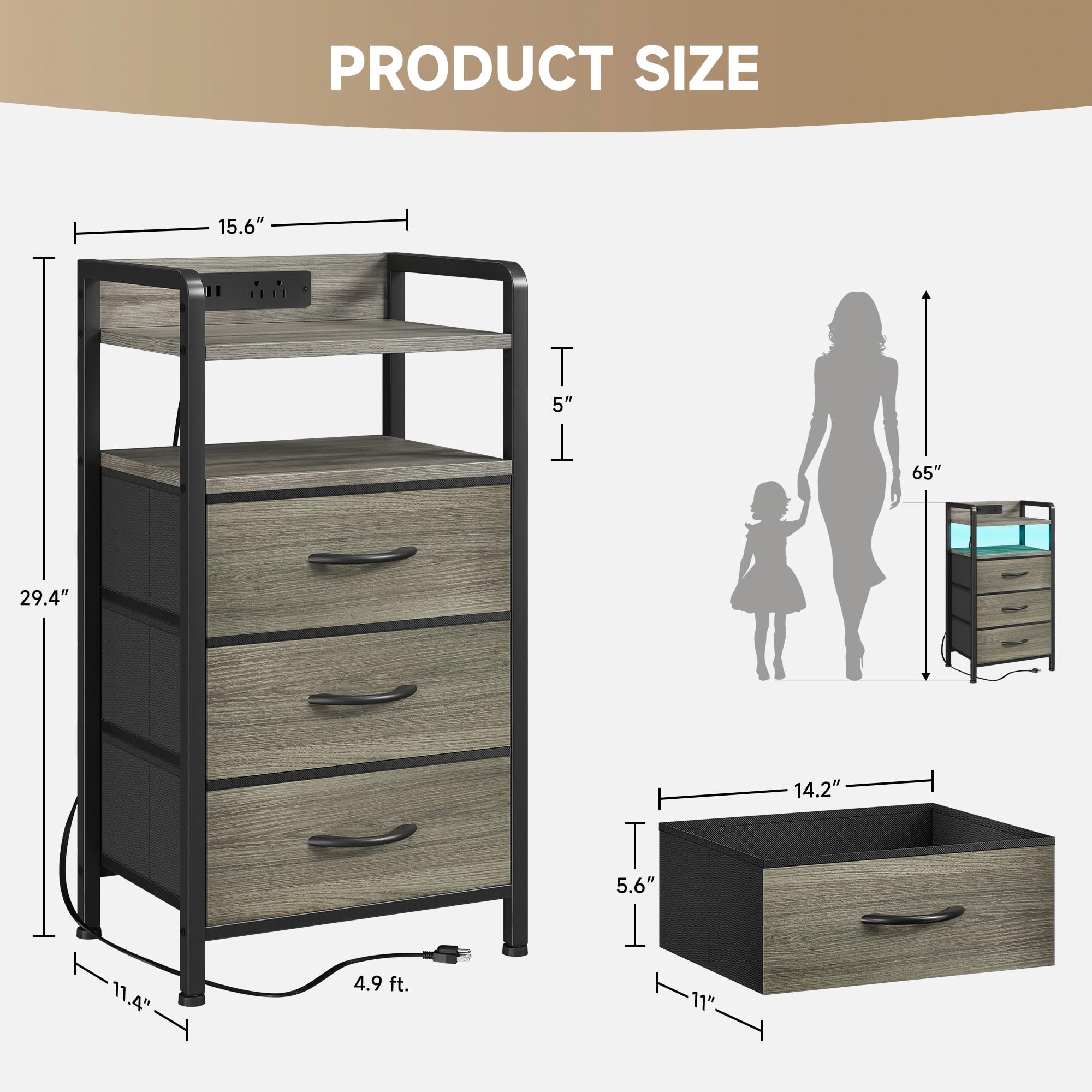 Lazzanto night stand with USB ports and AC outlets for charging devices.