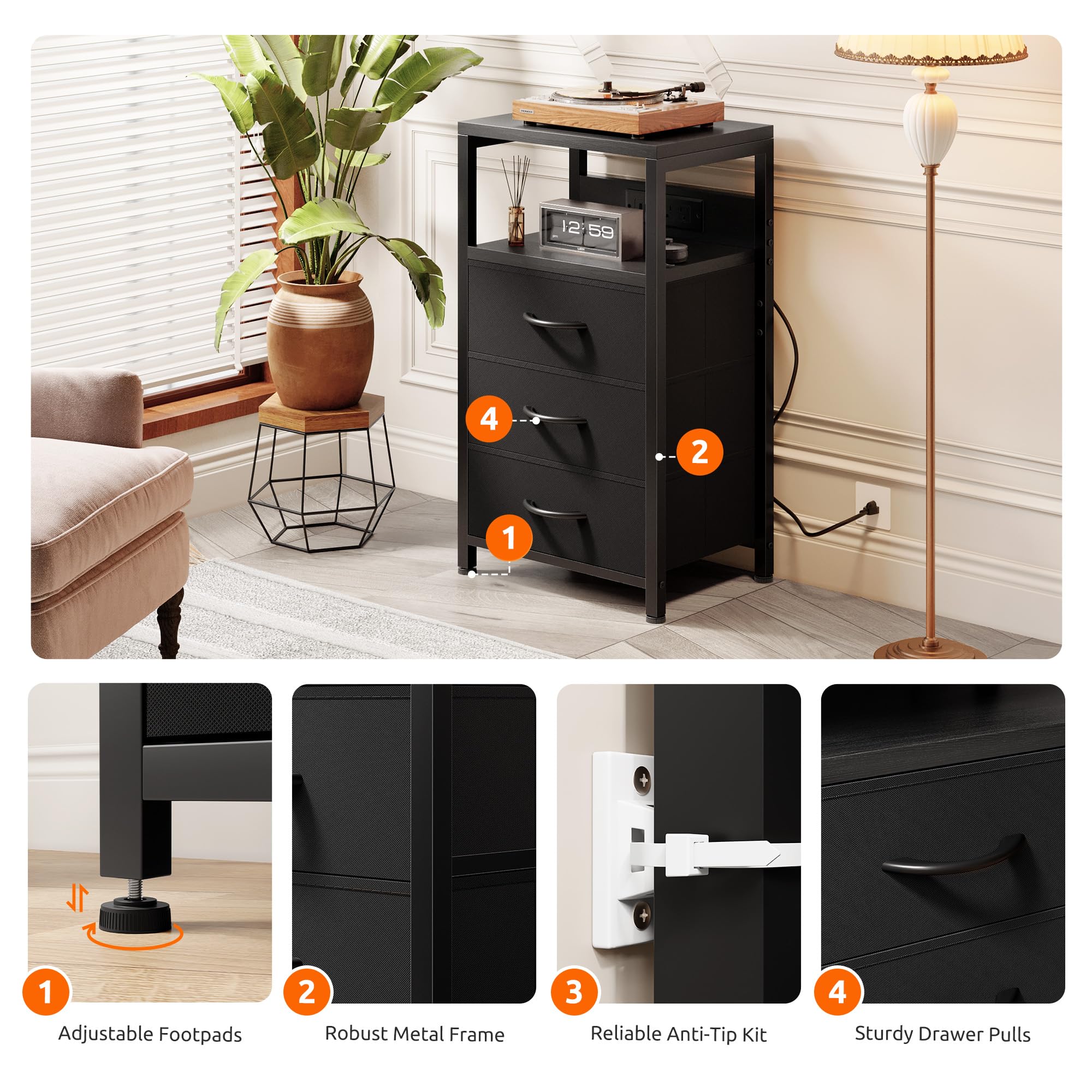 Lazzanto NightStand adjustable footpads stabilize the table on uneven floors