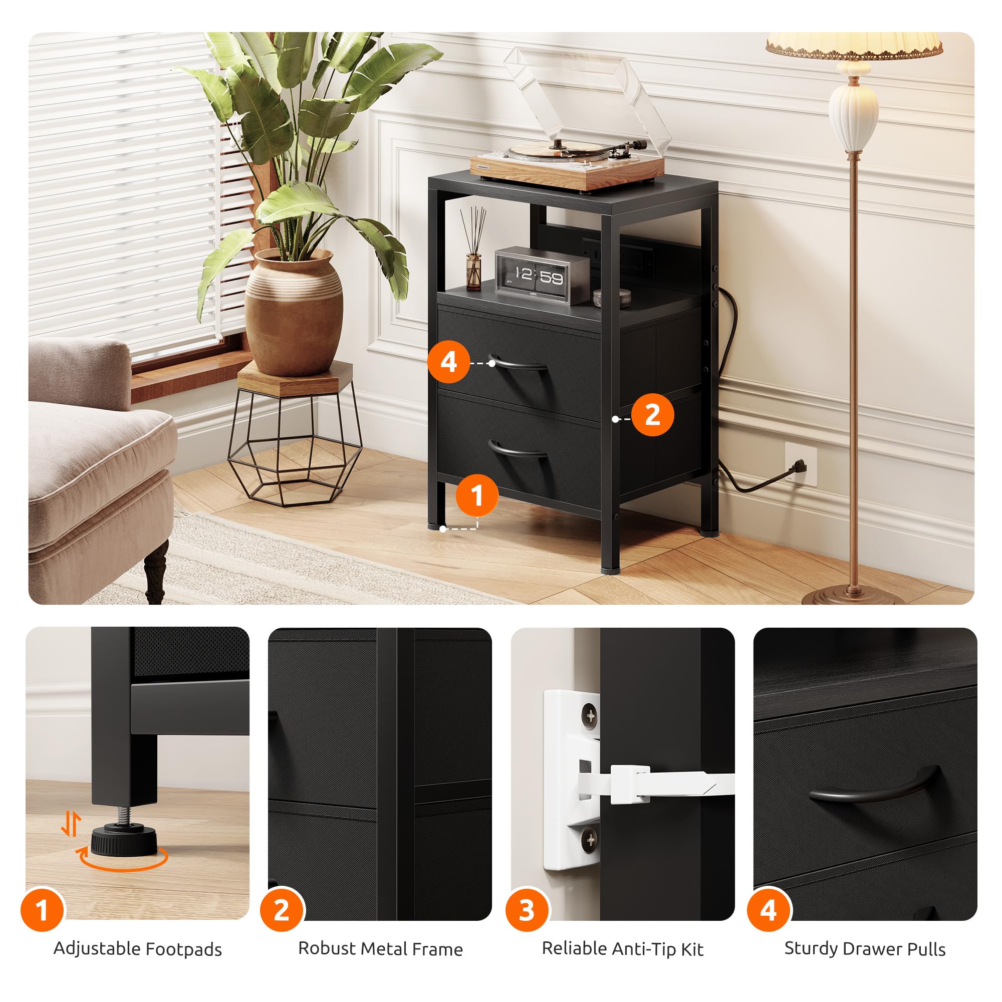 Lazzanto nightstand in a modern bedroom setup for organized charging