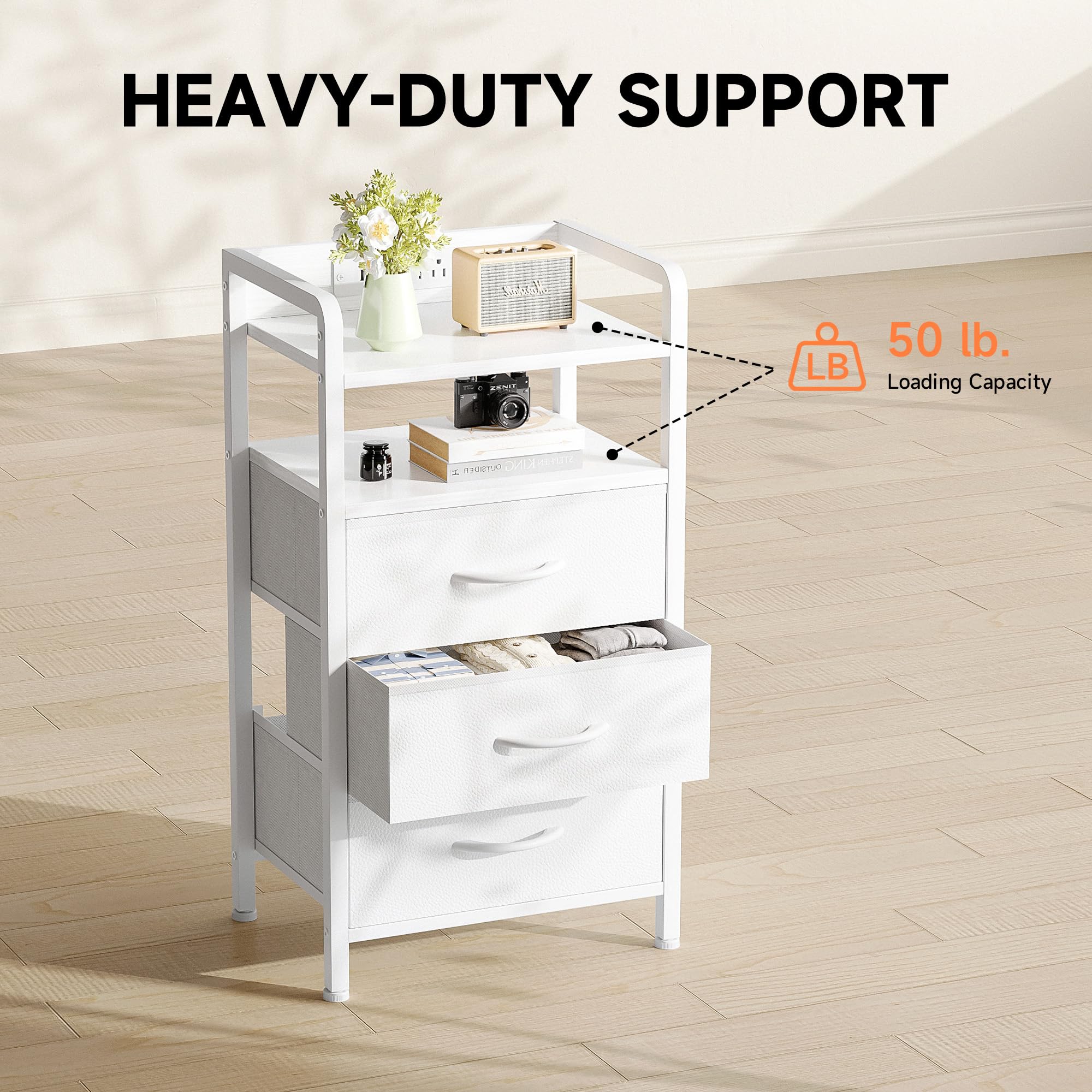 Lazzanto Night Stand creates a tidy bedside setup with built-in storage and power access.