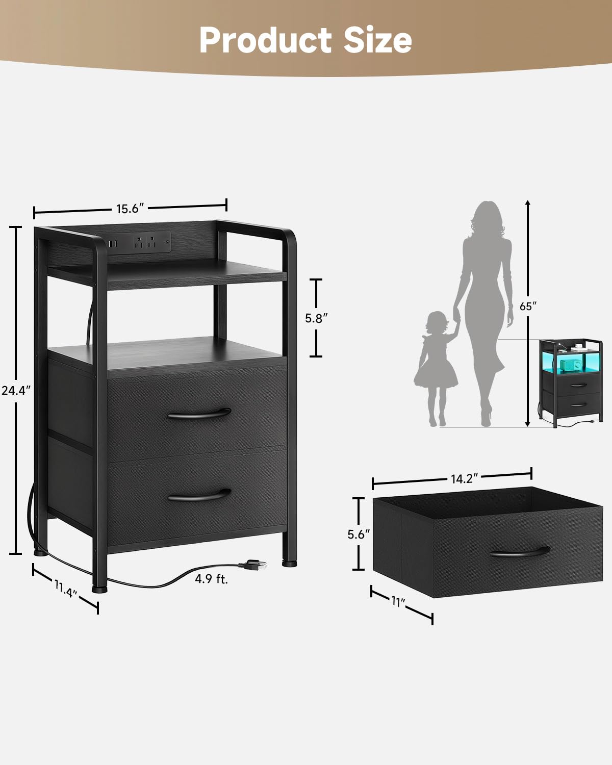 Lazzanto nightstand featuring black-coated metal frame and sturdy construction.