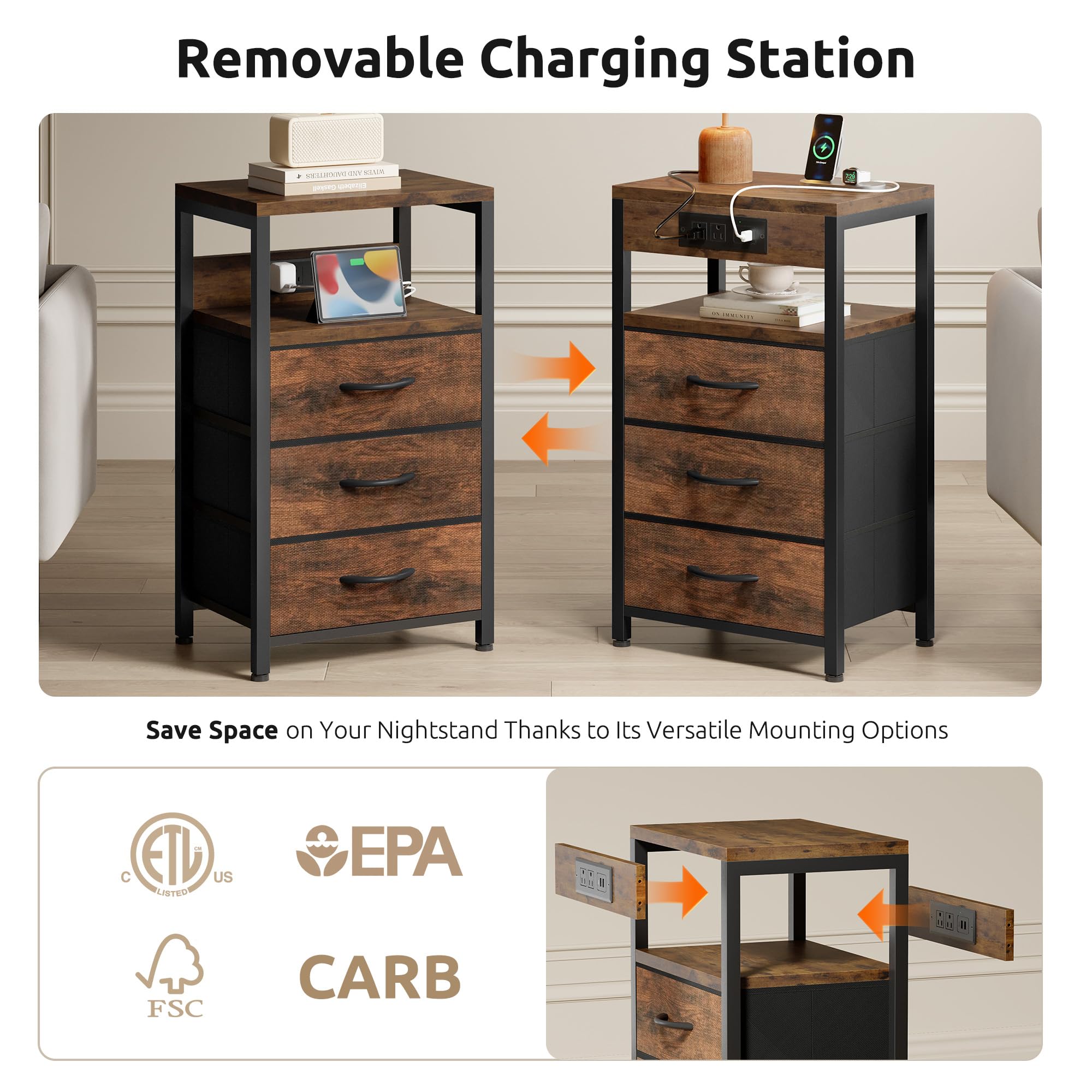Lazzanto nightstand back view with removable charging module.
