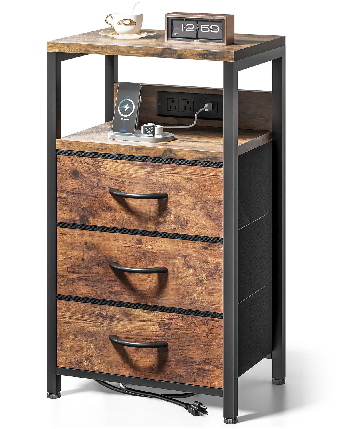 Lazzanto nightstand front view with charging station for easy bedside power access.