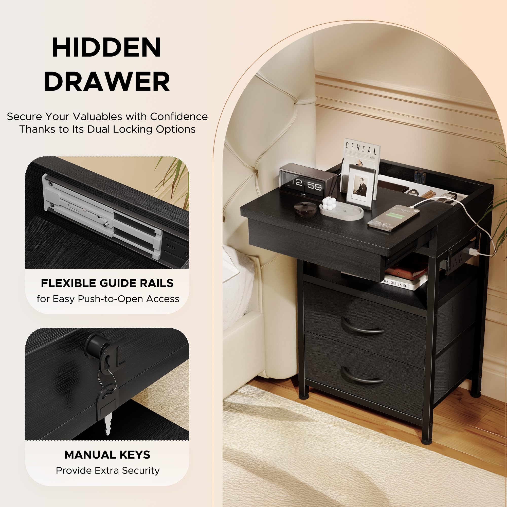 Lazzanto nightstand charging station with outlets and USB ports for easy device power.