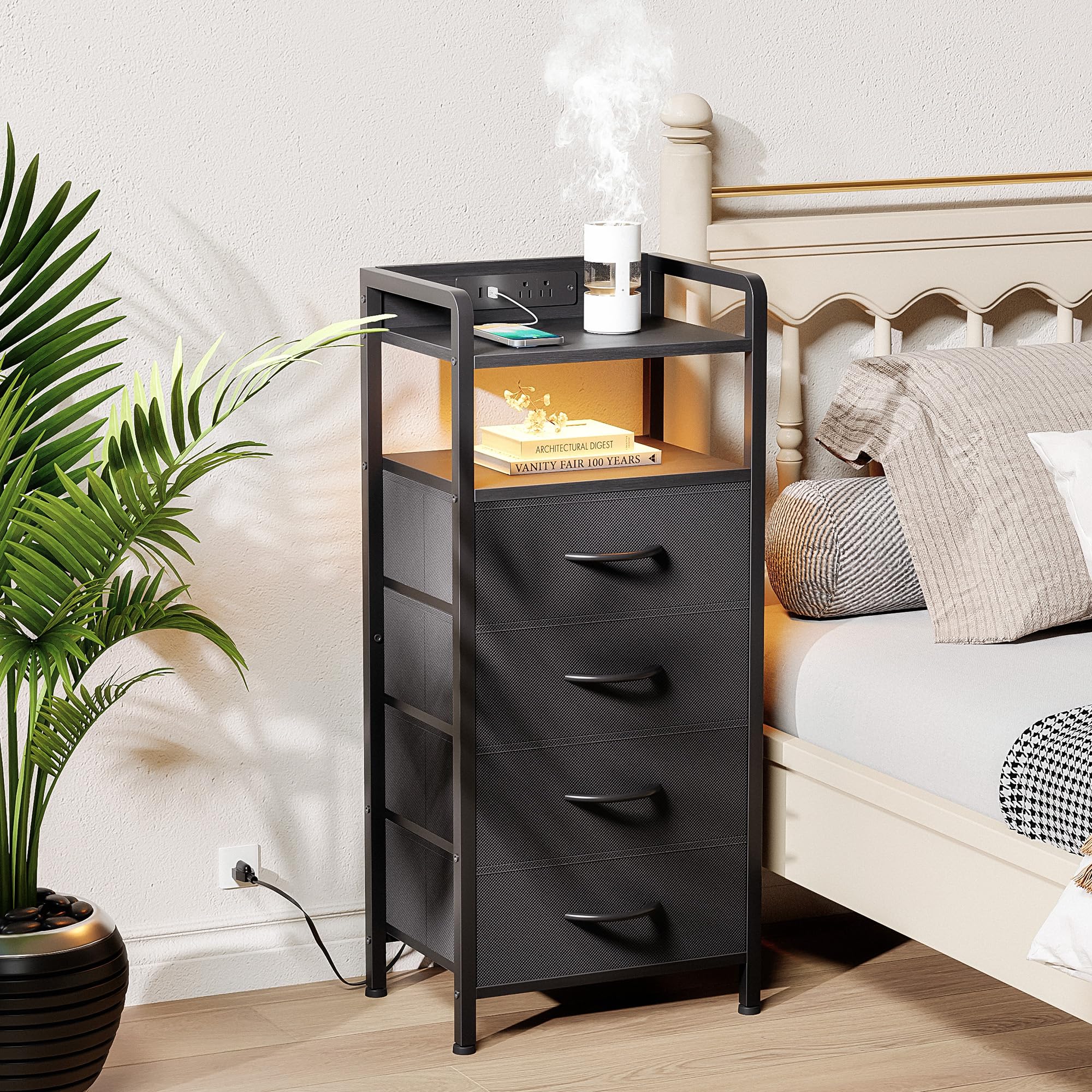 Lazzanto nightstand drawer open showing four storage drawers neatly