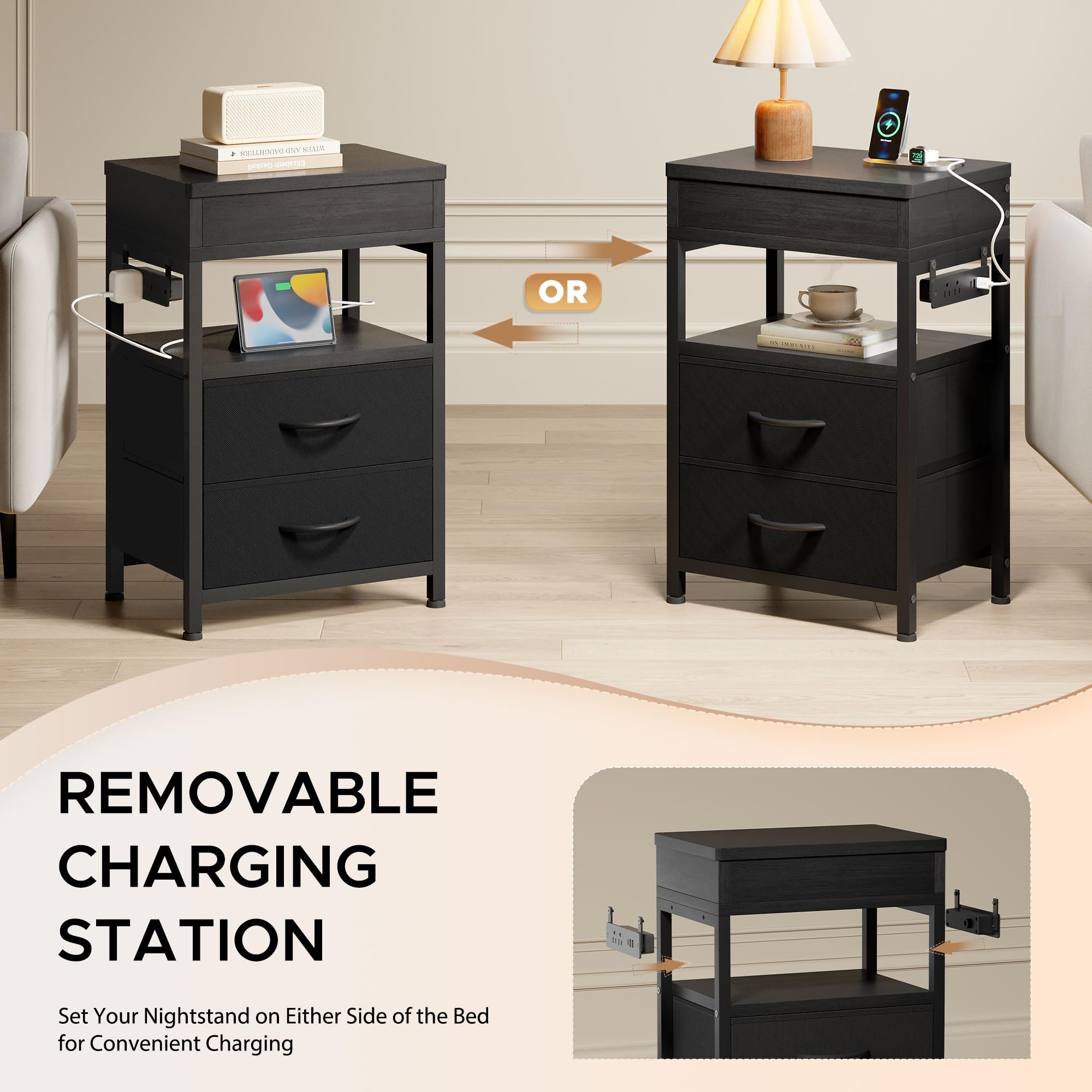 Lazzanto nightstand fabric drawers provide organized storage beside your bed.