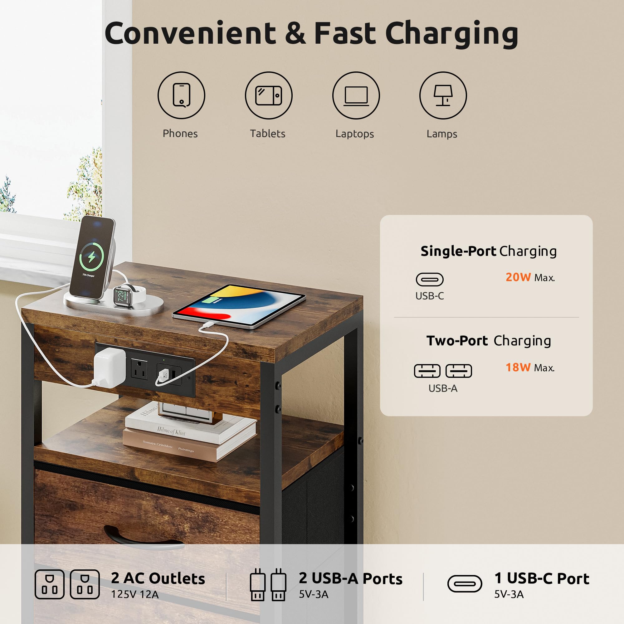 Lazzanto NightStand fabric drawers keep personal items organized and concealed.