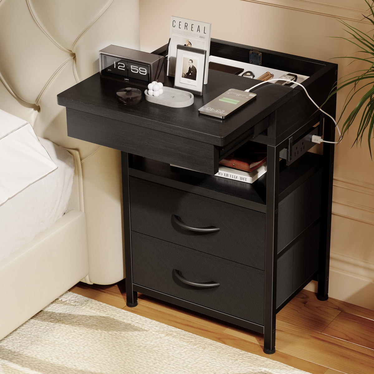 Lazzanto nightstand with sliding hidden drawer for secure valuables near bed.
