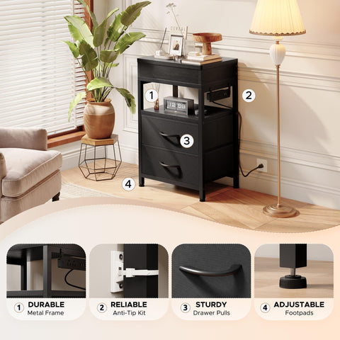 Lazzanto nightstand styled next to sofa for living room convenience.