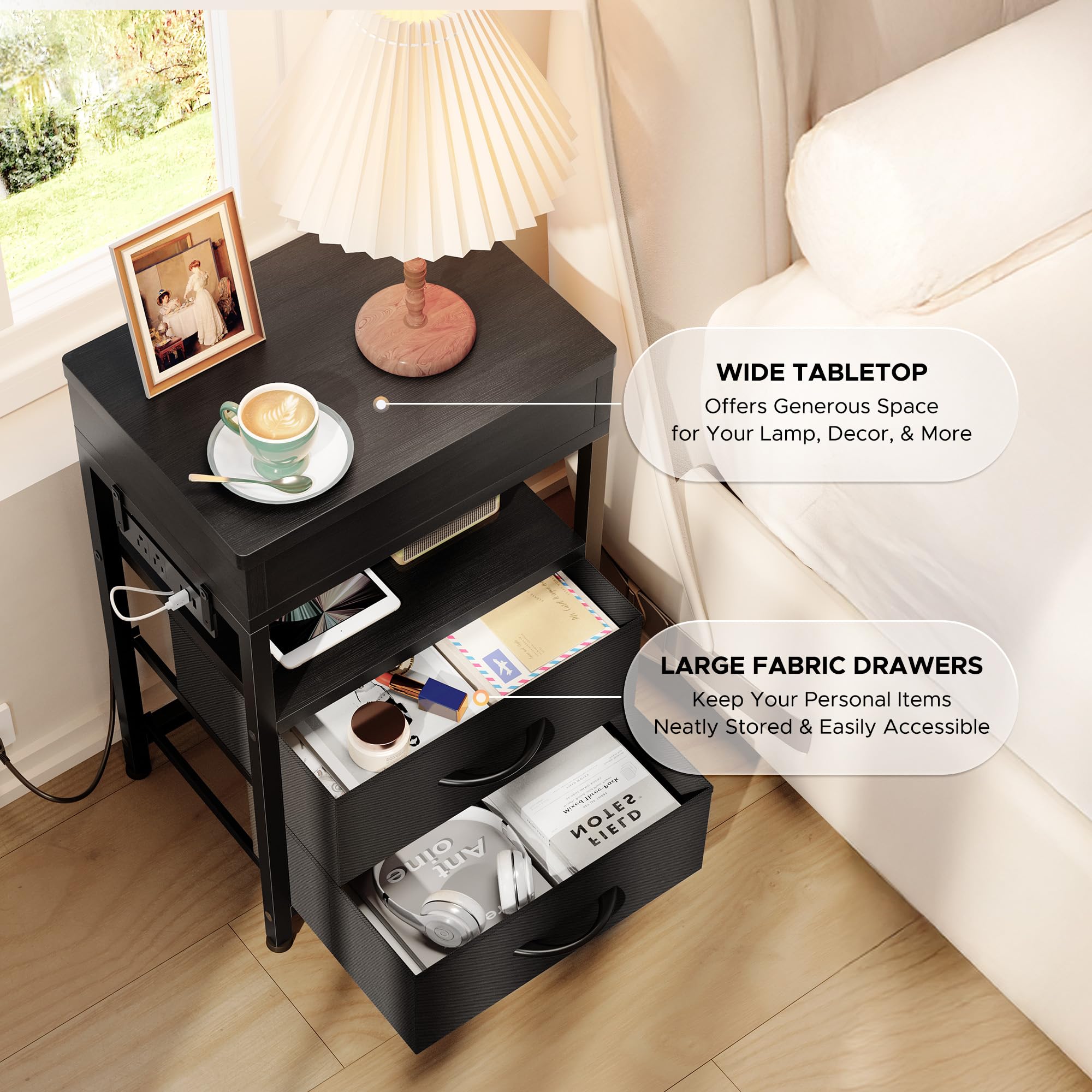 Lazzanto nightstand close-up shows durable particle board and metal construction.