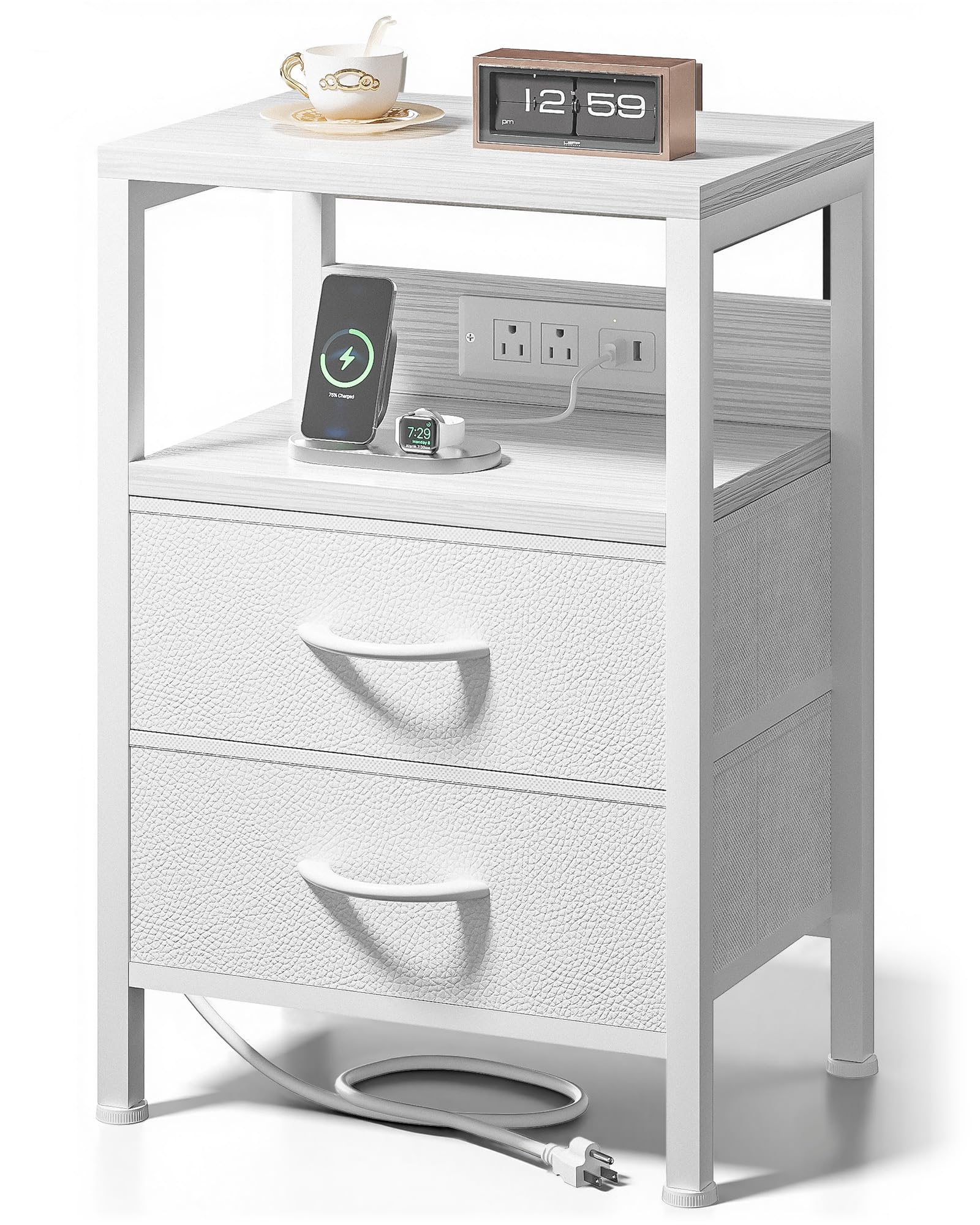 Lazzanto NightStand with removable charging front for easy bedside power access.