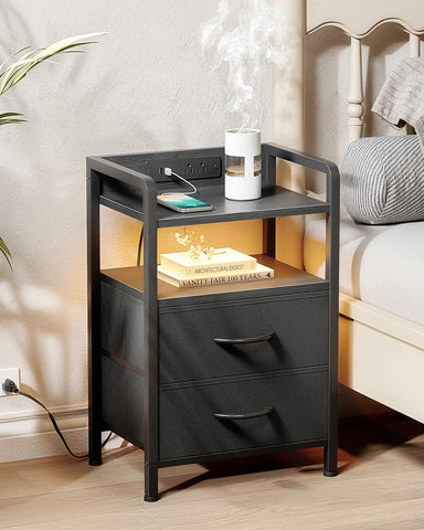 Lazzanto nightstand showing USB ports and outlets for easy charging.