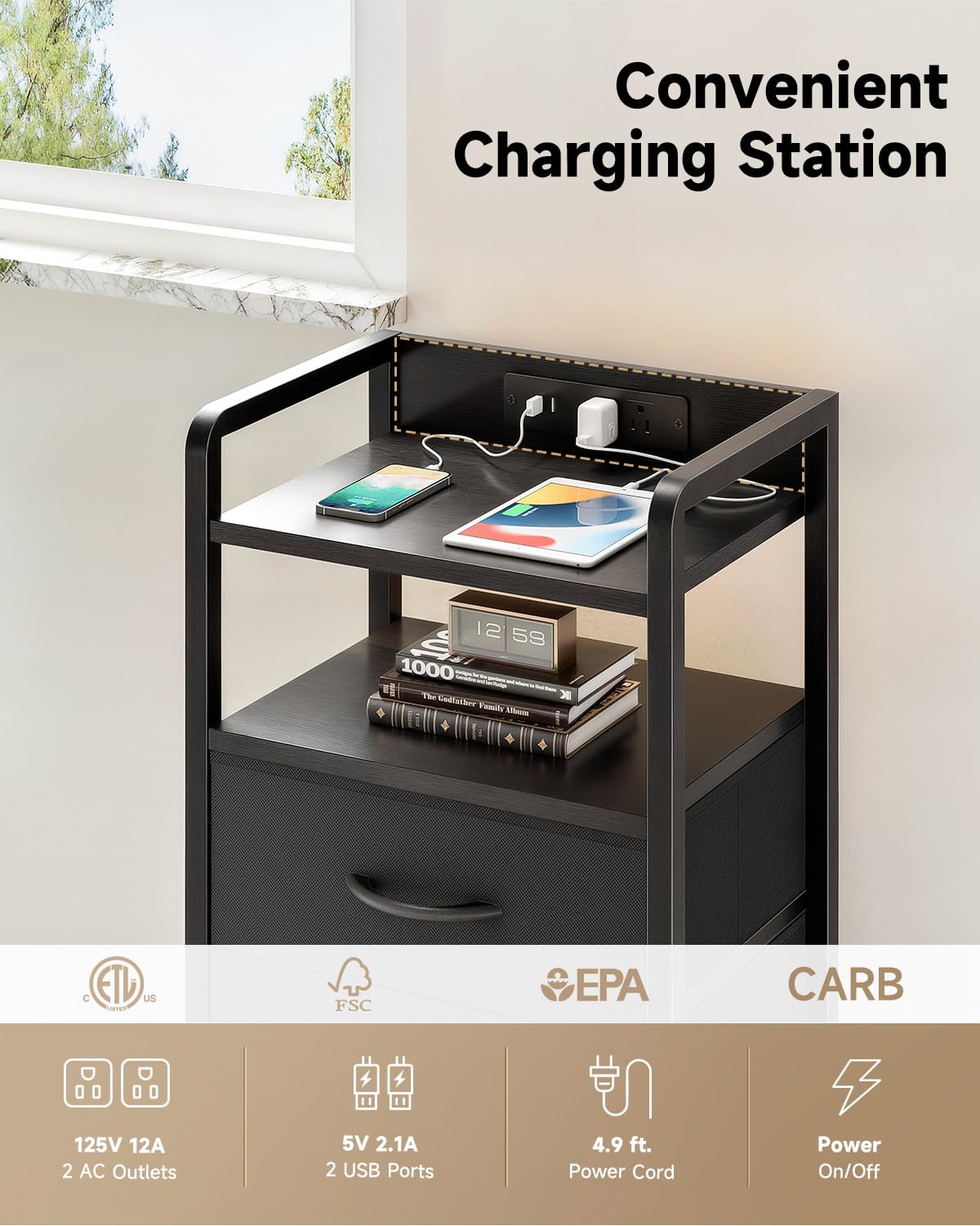 Lazzanto nightstand top surface with water-resistant finish for spills and cleaning.