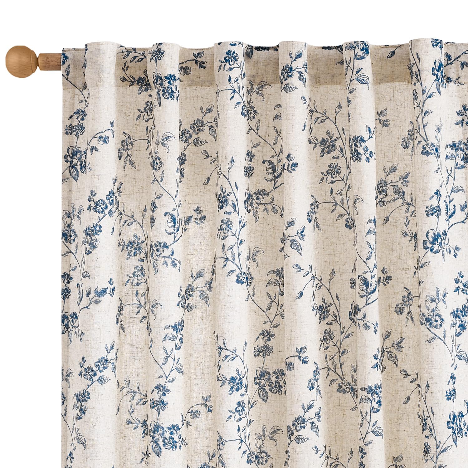 Lazzzy blue floral linen curtains front view, 84 inch length for living room elegance.