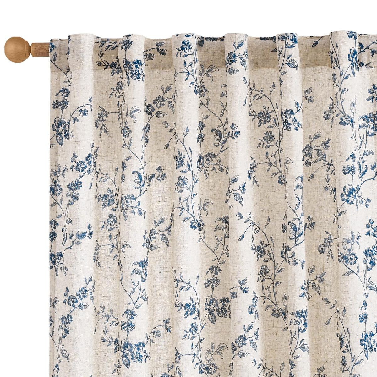 Lazzzy blue floral linen curtains front view, 84 inch length for living room elegance.