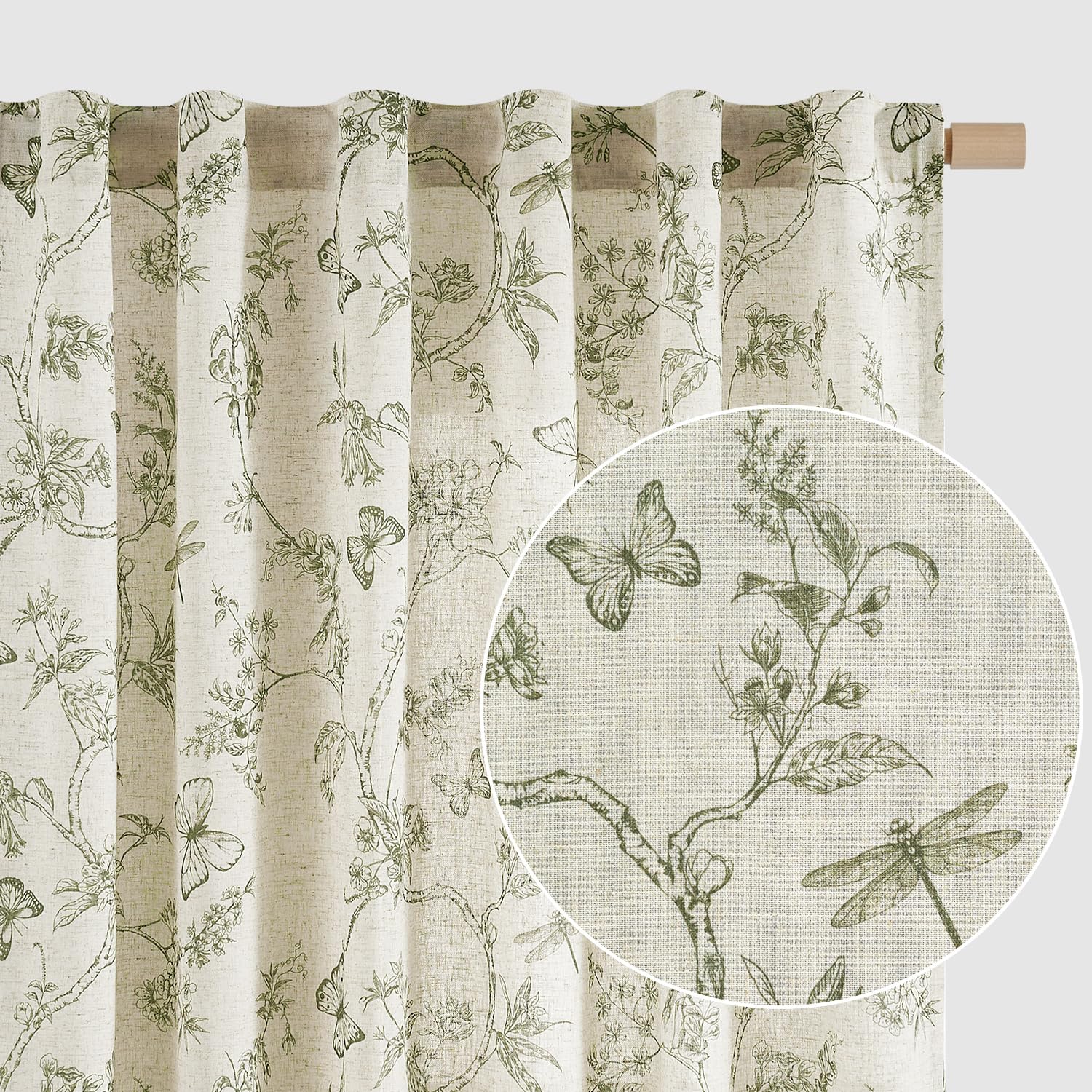 Lazzzy Charlotte green floral curtains in living room with soft light filtering.