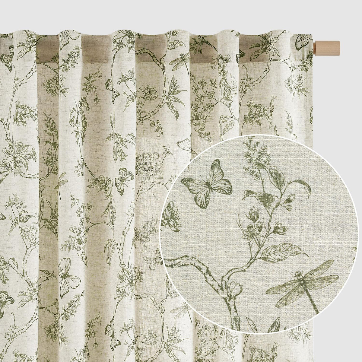 Lazzzy Charlotte green floral curtains in living room with soft light filtering.