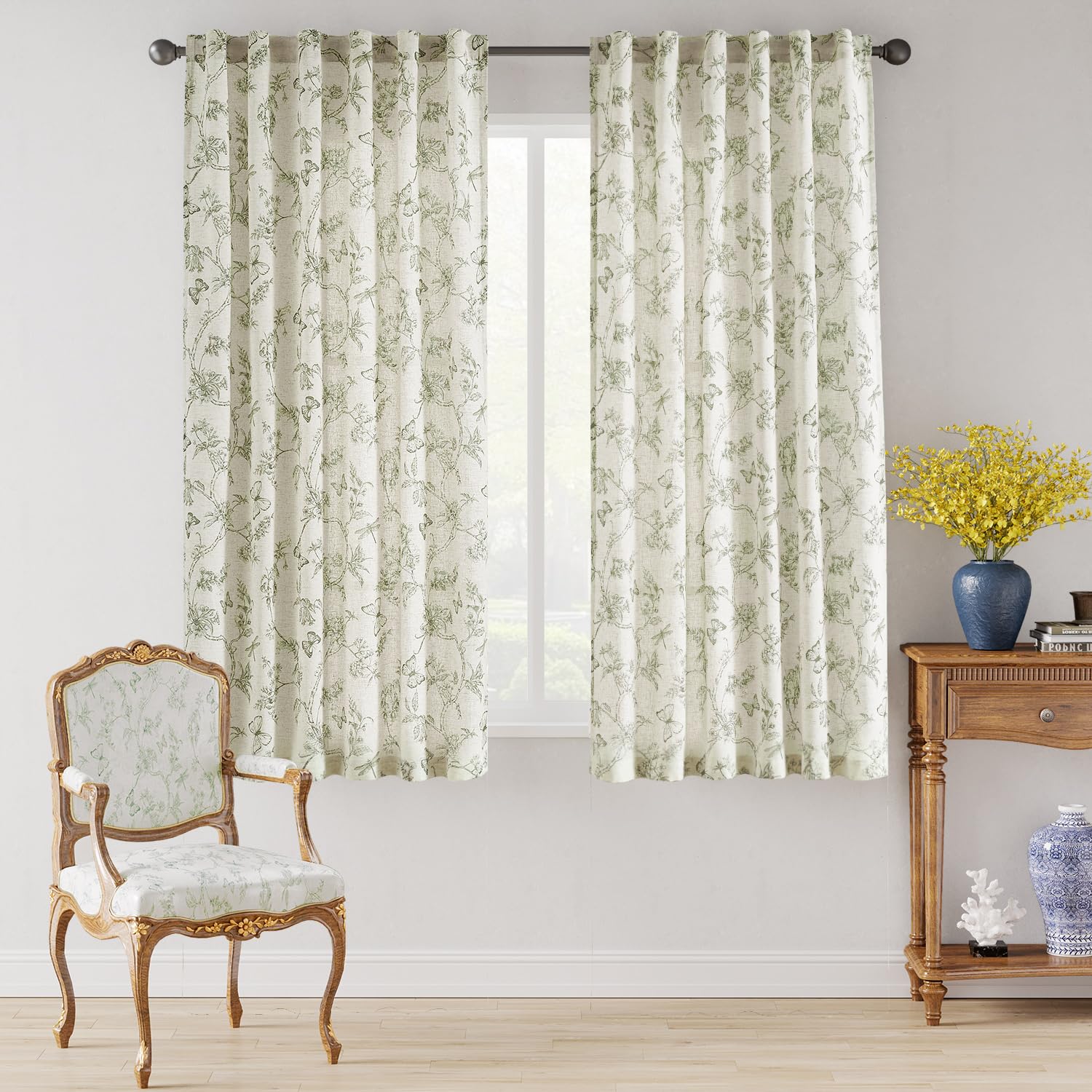 Lazzzy Charlotte back-tab linen curtains show a vintage botanical vibe in living rooms.