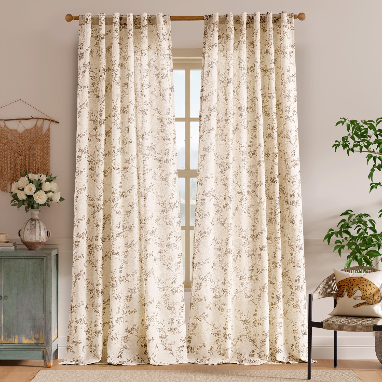Lazzzy taupe floral curtains ready to hang with back tab design for easy setup