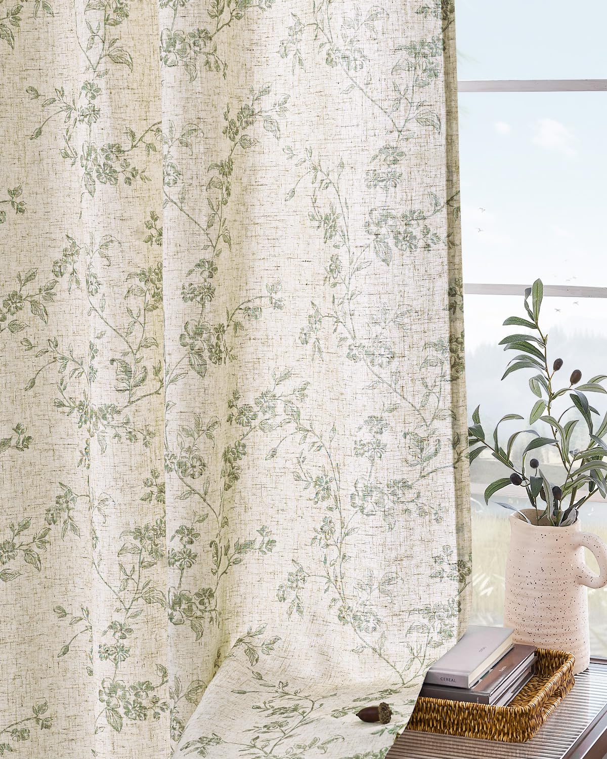 Lazzzy green beige tones coordinate with farmhouse decor.